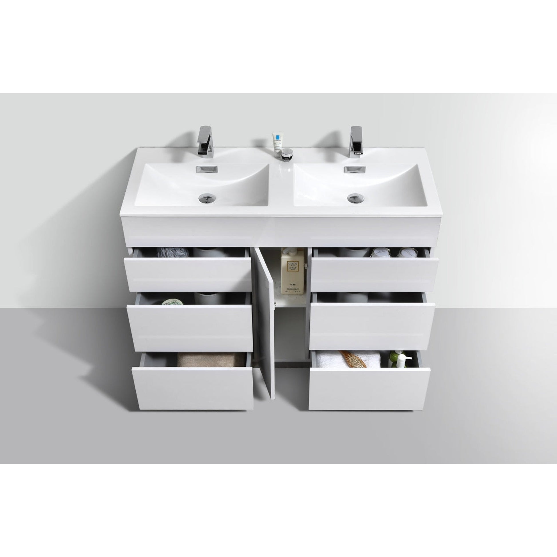 KubeBath Milano 48" High Gloss White Freestanding Modern Bathroom Vanity With Double Integrated Acrylic Sink With Overflow