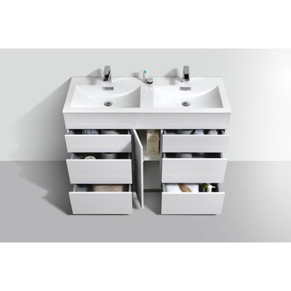 KubeBath Milano 48" High Gloss White Freestanding Modern Bathroom Vanity With Double Integrated Acrylic Sink With Overflow