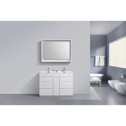 KubeBath Milano 48" High Gloss White Freestanding Modern Bathroom Vanity With Double Integrated Acrylic Sink With Overflow and 48" White Framed Mirror With Shelf
