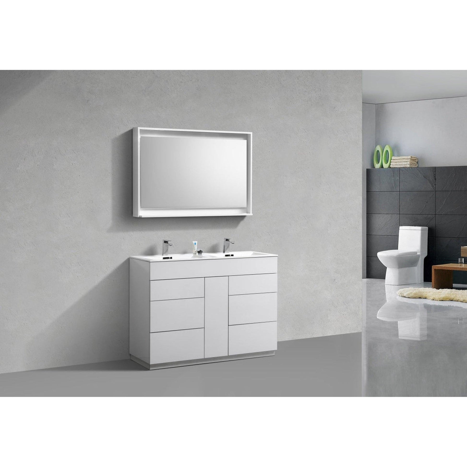 KubeBath Milano 48" High Gloss White Freestanding Modern Bathroom Vanity With Double Integrated Acrylic Sink With Overflow and 48" White Framed Mirror With Shelf