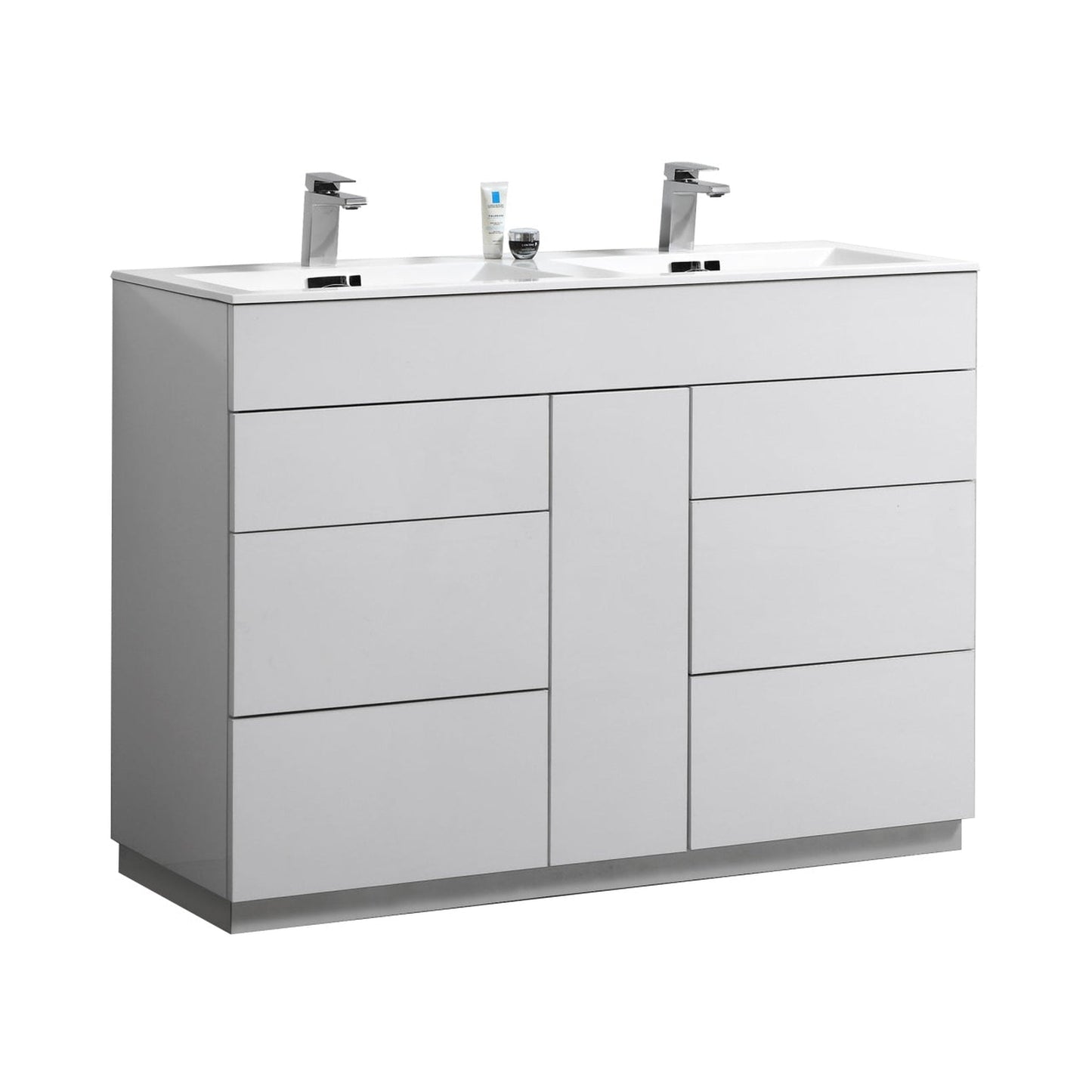 KubeBath Milano 48" High Gloss White Freestanding Modern Bathroom Vanity With Double Integrated Acrylic Sink With Overflow and 48" White Framed Mirror With Shelf