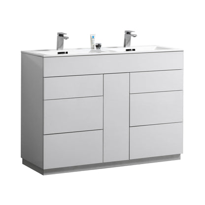 KubeBath Milano 48" High Gloss White Freestanding Modern Bathroom Vanity With Double Integrated Acrylic Sink With Overflow