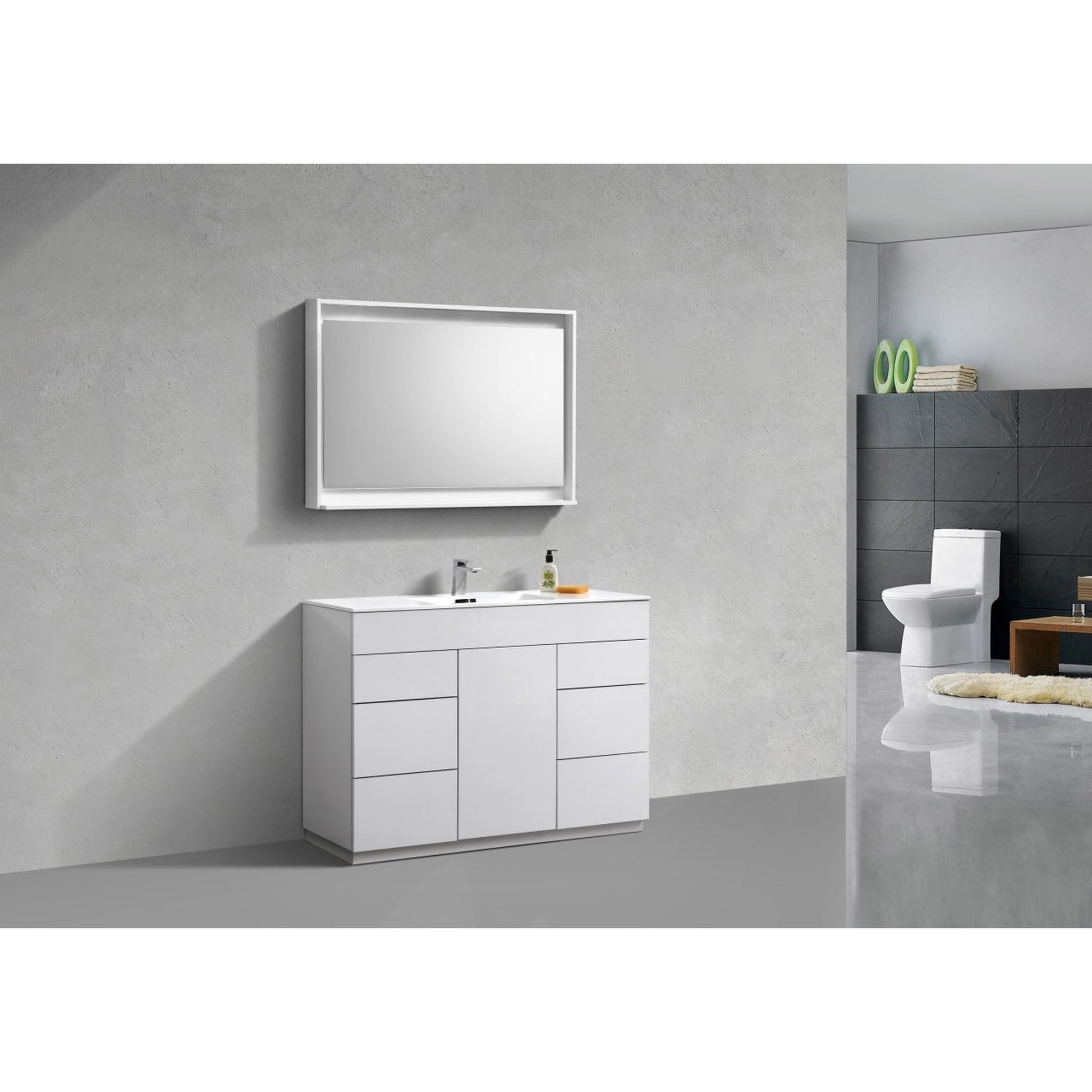 KubeBath Milano 48" High Gloss White Freestanding Modern Bathroom Vanity With Single Integrated Acrylic Sink With Overflow