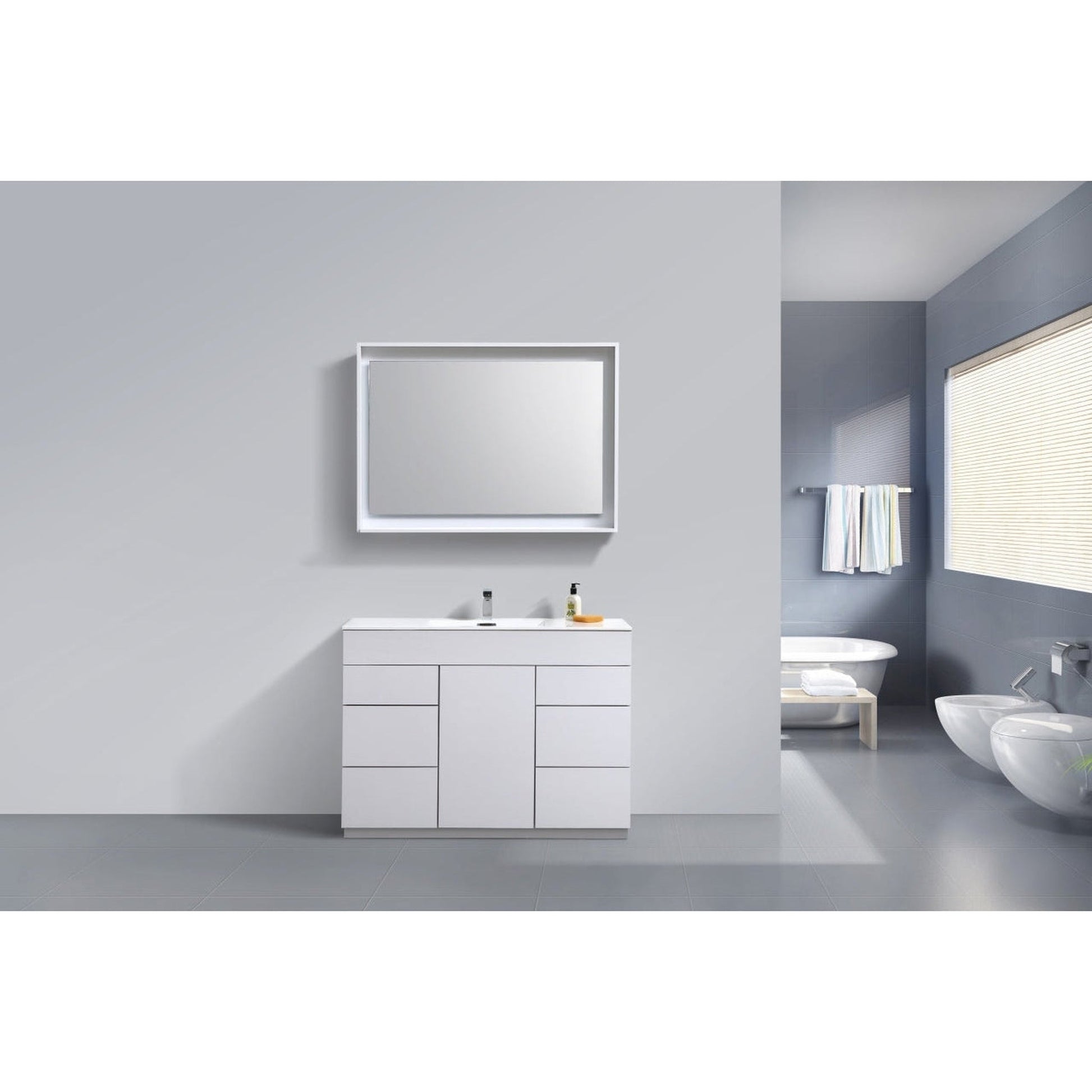 KubeBath Milano 48" High Gloss White Freestanding Modern Bathroom Vanity With Single Integrated Acrylic Sink With Overflow and 48" White Framed Mirror With Shelf