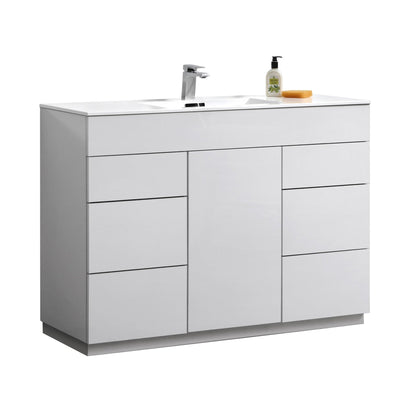 KubeBath Milano 48" High Gloss White Freestanding Modern Bathroom Vanity With Single Integrated Acrylic Sink With Overflow and 48" White Framed Mirror With Shelf
