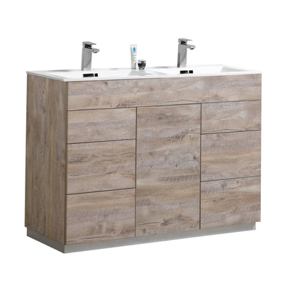 KubeBath Milano 48" Nature Wood Freestanding Modern Bathroom Vanity With Double Integrated Acrylic Sink With Overflow and 48" Wood Framed Mirror With Shelf