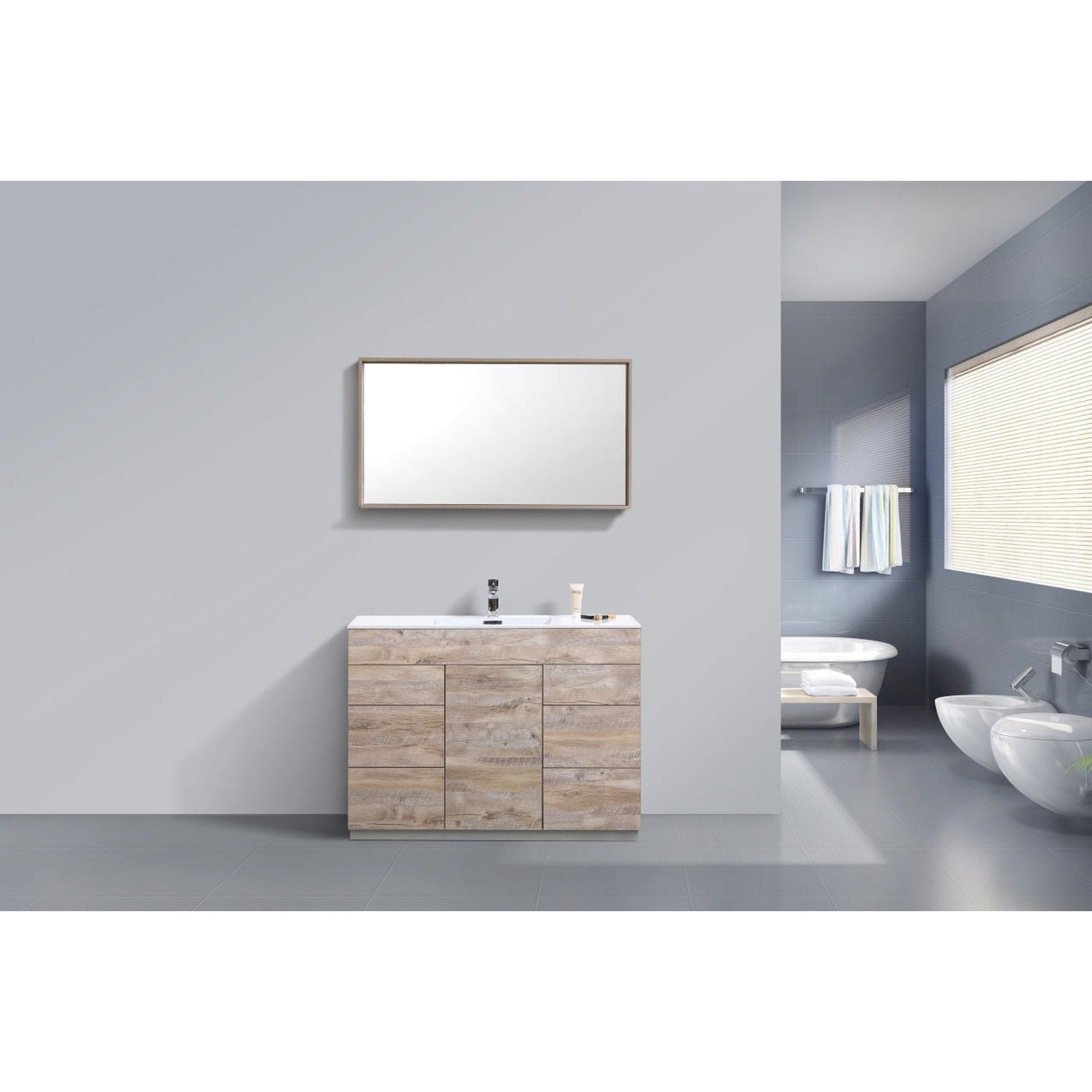 KubeBath Milano 48" Nature Wood Freestanding Modern Bathroom Vanity With Single Integrated Acrylic Sink With Overflow and 48" Wood Framed Mirror With Shelf