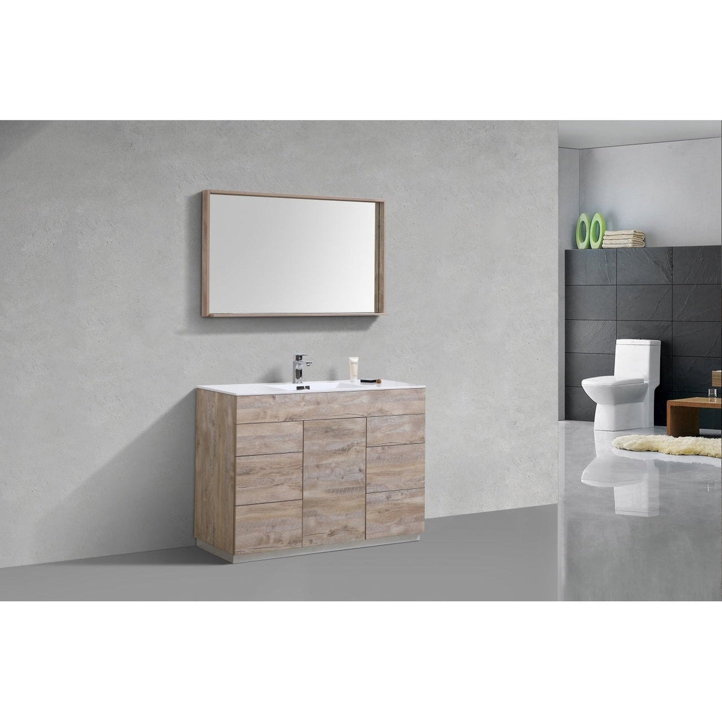 KubeBath Milano 48" Nature Wood Freestanding Modern Bathroom Vanity With Single Integrated Acrylic Sink With Overflow and 48" Wood Framed Mirror With Shelf