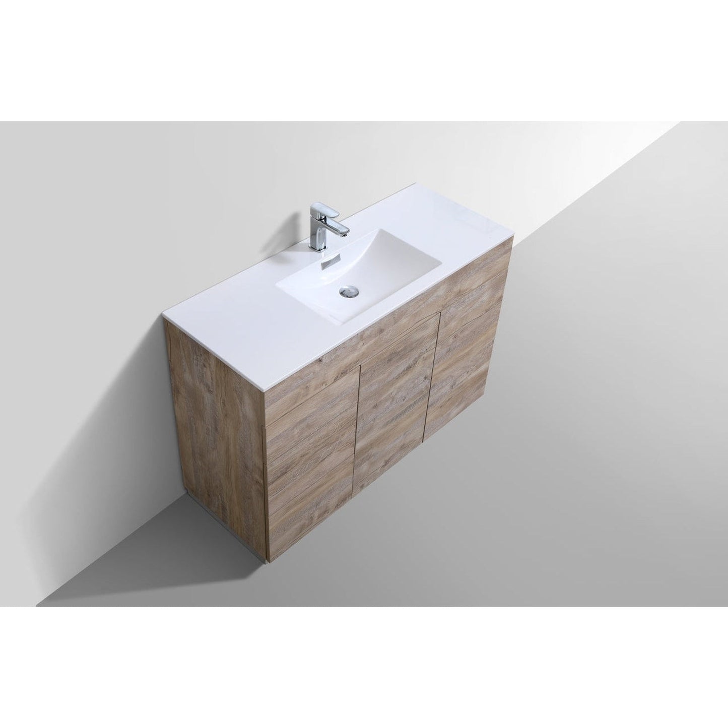 KubeBath Milano 48" Nature Wood Freestanding Modern Bathroom Vanity With Single Integrated Acrylic Sink With Overflow and 48" Wood Framed Mirror With Shelf