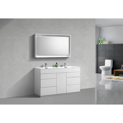 KubeBath Milano 60" High Gloss White Freestanding Modern Bathroom Vanity With Double Integrated Acrylic Sink With Overflow