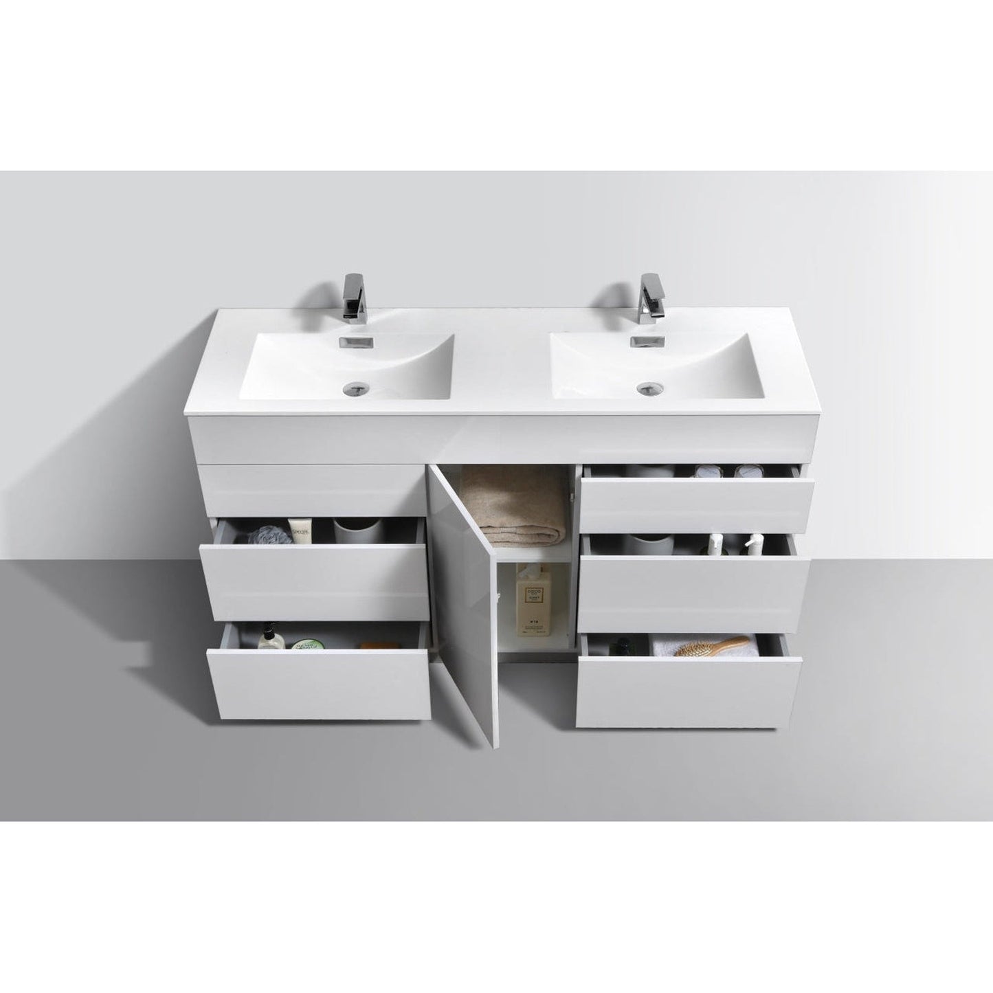 KubeBath Milano 60" High Gloss White Freestanding Modern Bathroom Vanity With Double Integrated Acrylic Sink With Overflow