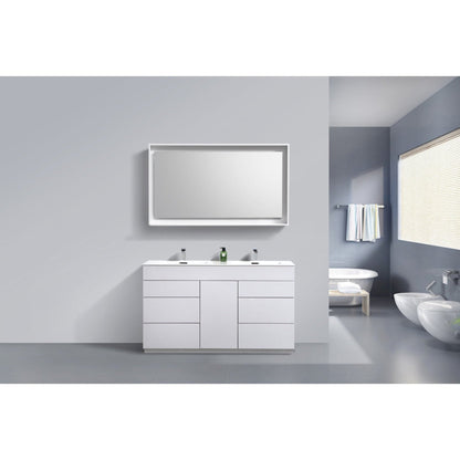 KubeBath Milano 60" High Gloss White Freestanding Modern Bathroom Vanity With Double Integrated Acrylic Sink With Overflow and 60" White Framed Mirror With Shelf