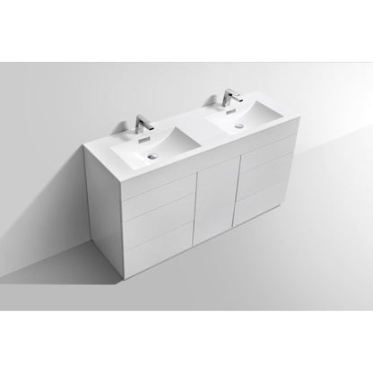 KubeBath Milano 60" High Gloss White Freestanding Modern Bathroom Vanity With Double Integrated Acrylic Sink With Overflow and 60" White Framed Mirror With Shelf