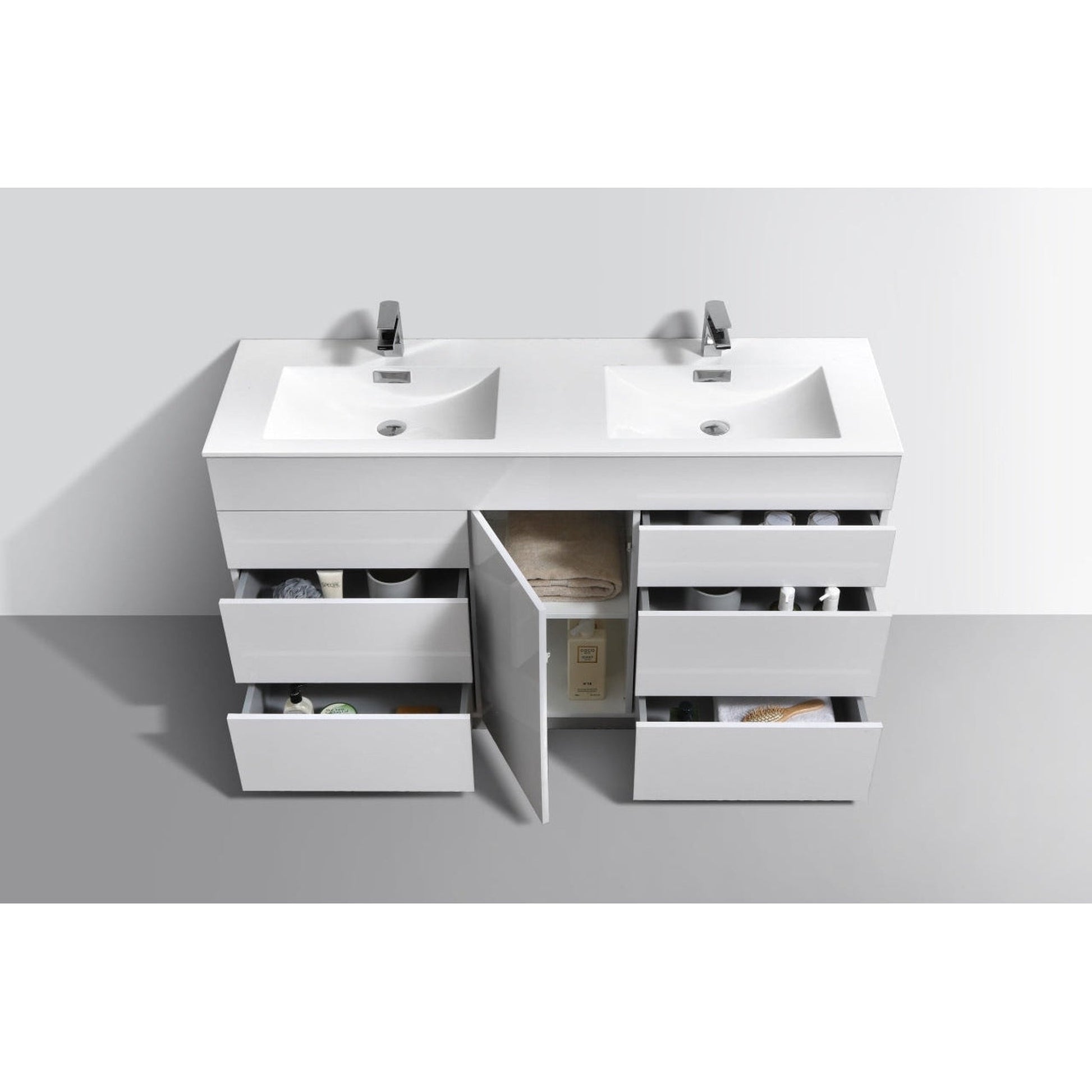 KubeBath Milano 60" High Gloss White Freestanding Modern Bathroom Vanity With Double Integrated Acrylic Sink With Overflow and 60" White Framed Mirror With Shelf