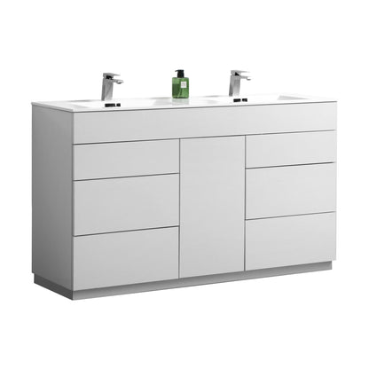 KubeBath Milano 60" High Gloss White Freestanding Modern Bathroom Vanity With Double Integrated Acrylic Sink With Overflow and 60" White Framed Mirror With Shelf