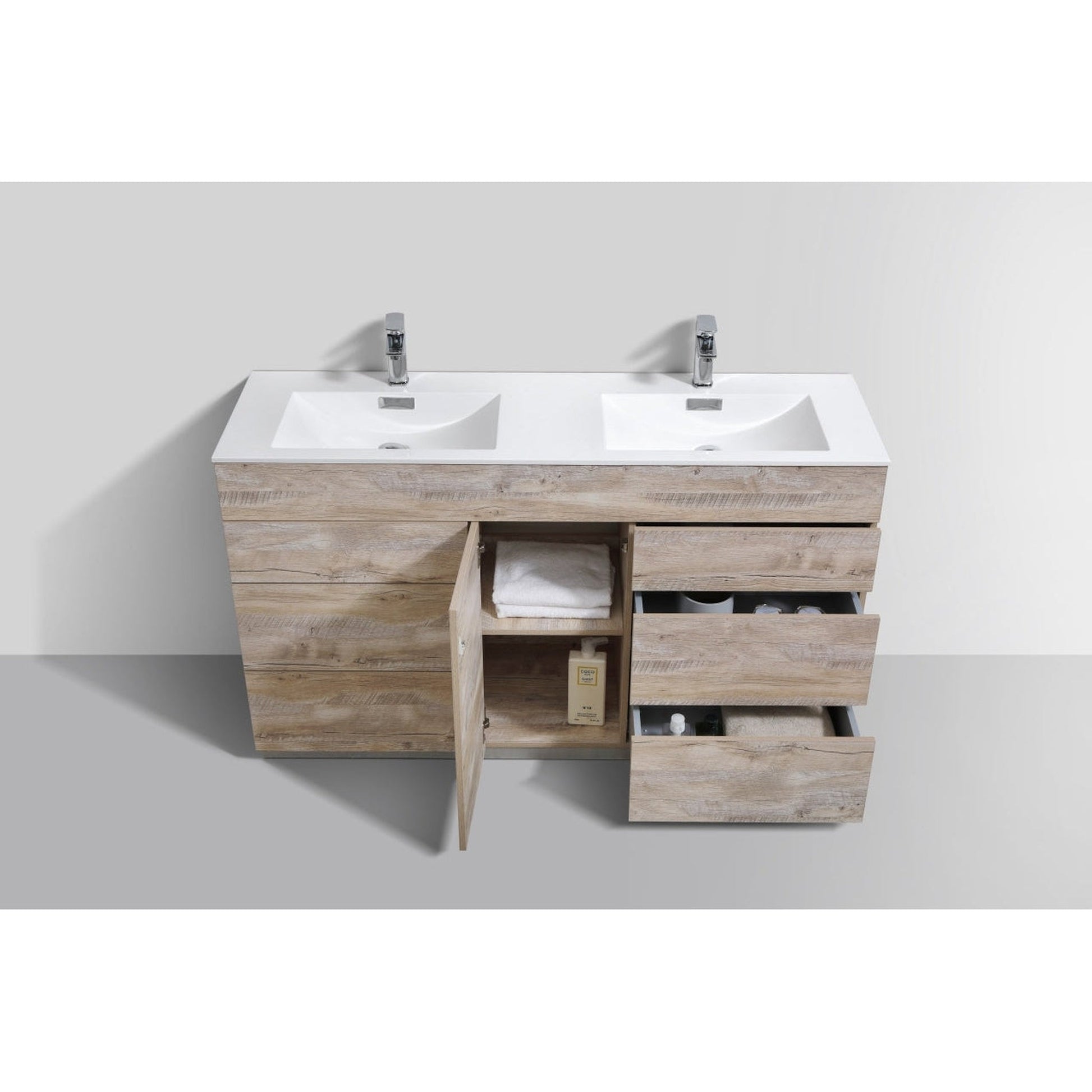 KubeBath Milano 60" Nature Wood Freestanding Modern Bathroom Vanity With Double Integrated Acrylic Sink With Overflow