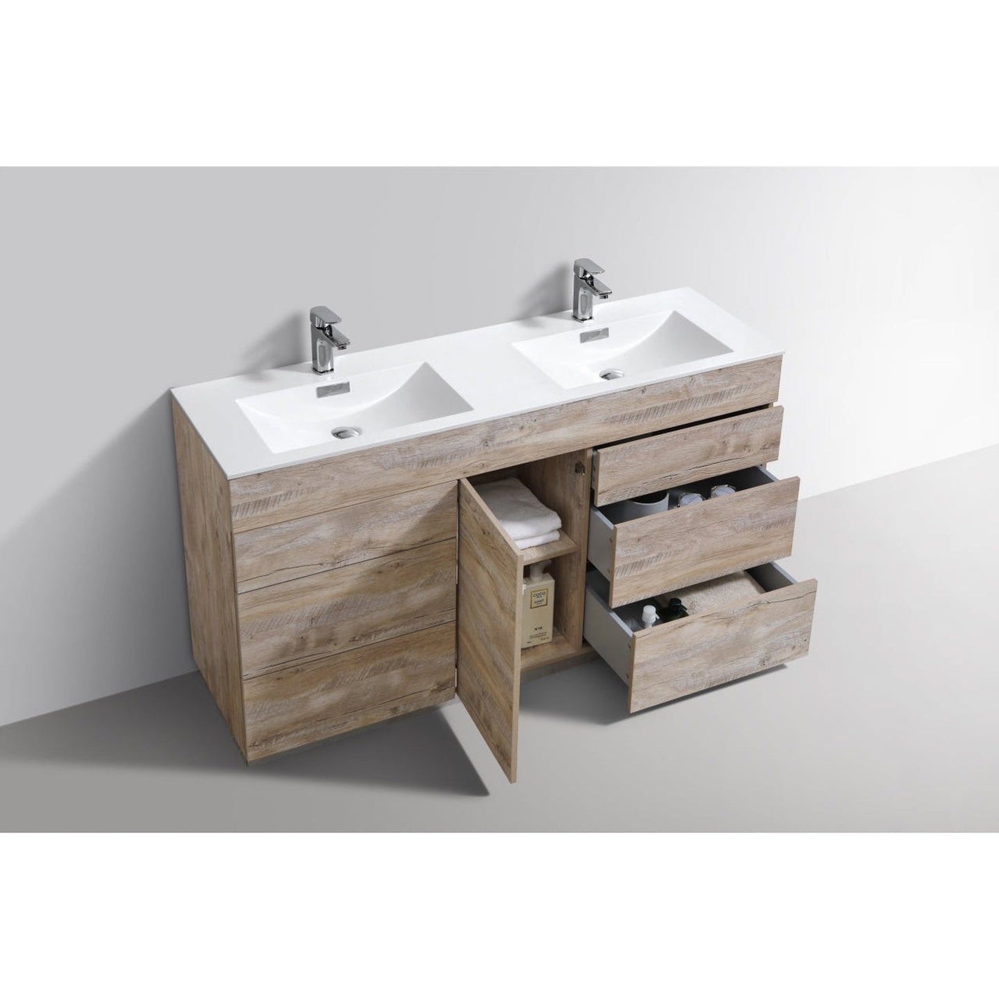 KubeBath Milano 60" Nature Wood Freestanding Modern Bathroom Vanity With Double Integrated Acrylic Sink With Overflow