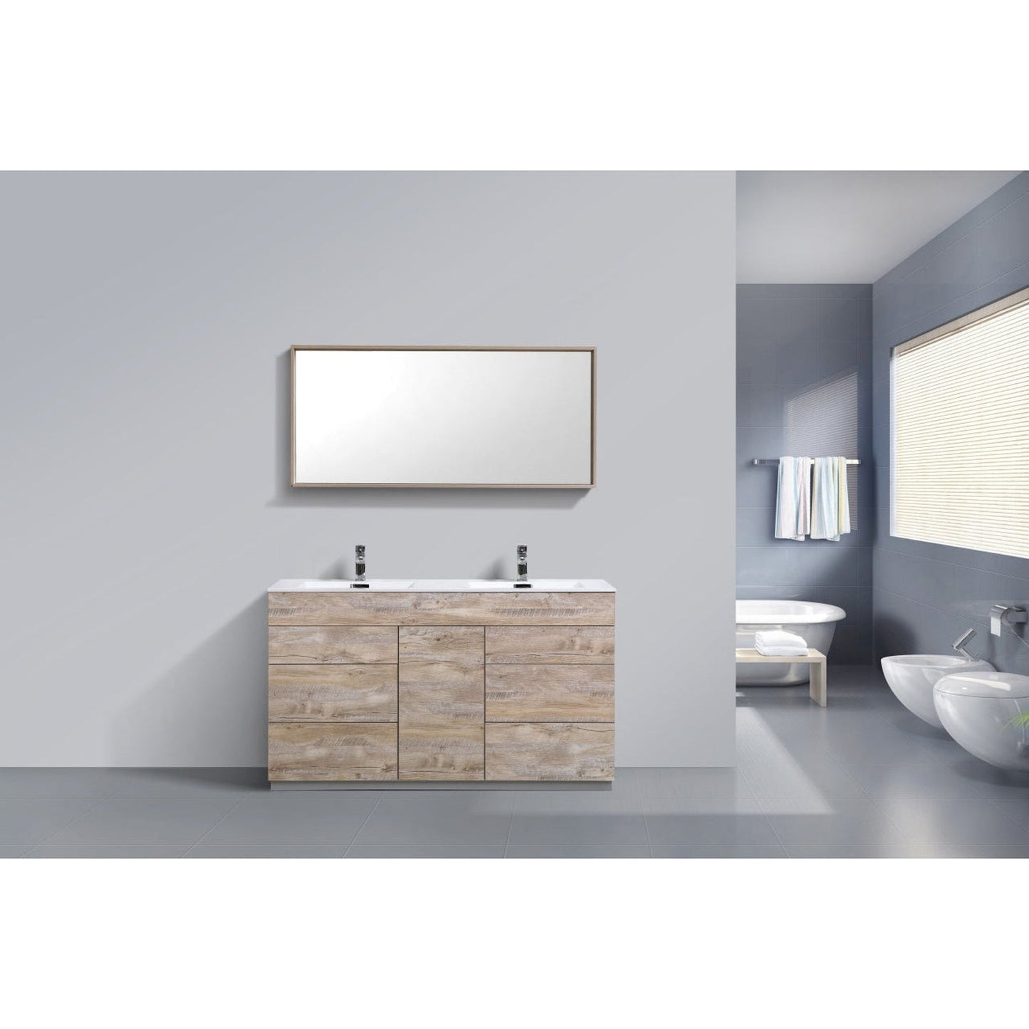 KubeBath Milano 60" Nature Wood Freestanding Modern Bathroom Vanity With Double Integrated Acrylic Sink With Overflow and 60" Wood Framed Mirror With Shelf