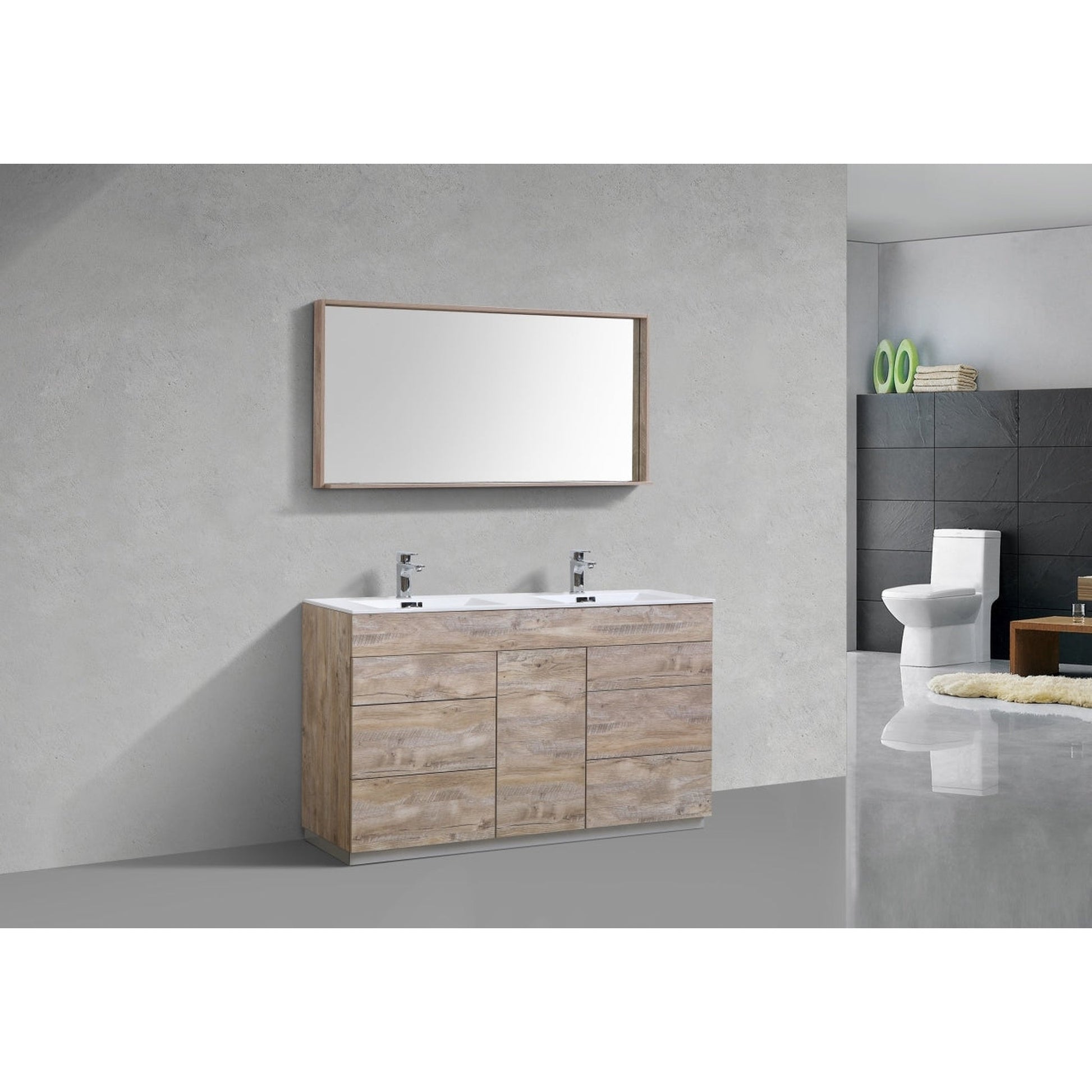 KubeBath Milano 60" Nature Wood Freestanding Modern Bathroom Vanity With Double Integrated Acrylic Sink With Overflow and 60" Wood Framed Mirror With Shelf