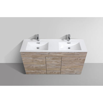 KubeBath Milano 60" Nature Wood Freestanding Modern Bathroom Vanity With Double Integrated Acrylic Sink With Overflow and 60" Wood Framed Mirror With Shelf