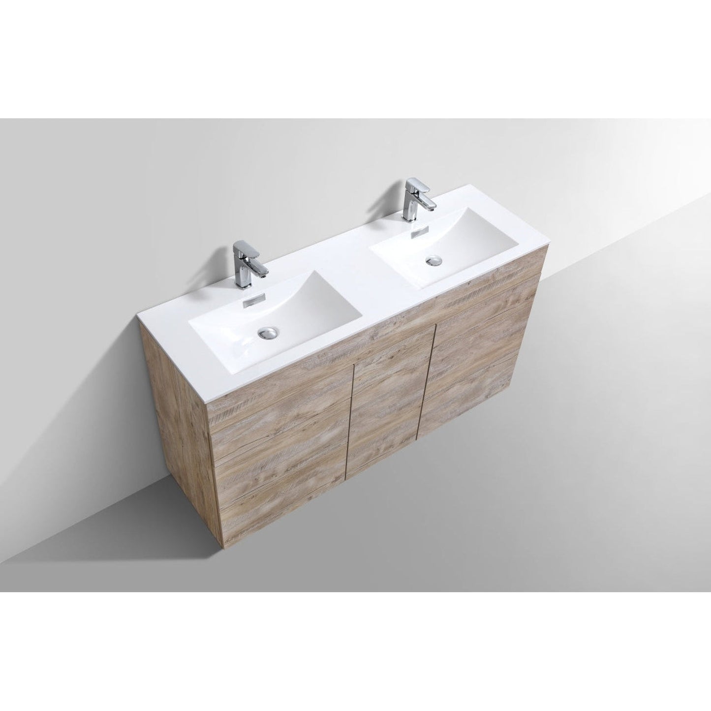 KubeBath Milano 60" Nature Wood Freestanding Modern Bathroom Vanity With Double Integrated Acrylic Sink With Overflow and 60" Wood Framed Mirror With Shelf