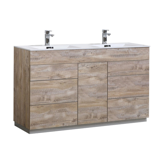 KubeBath Milano 60" Nature Wood Freestanding Modern Bathroom Vanity With Double Integrated Acrylic Sink With Overflow and 60" Wood Framed Mirror With Shelf