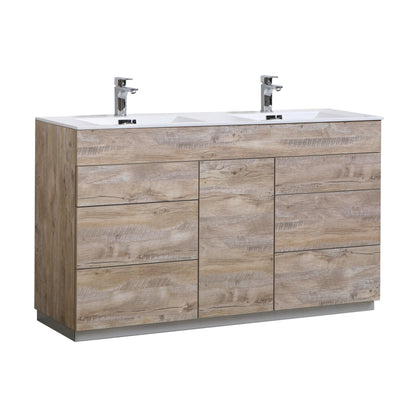 KubeBath Milano 60" Nature Wood Freestanding Modern Bathroom Vanity With Double Integrated Acrylic Sink With Overflow