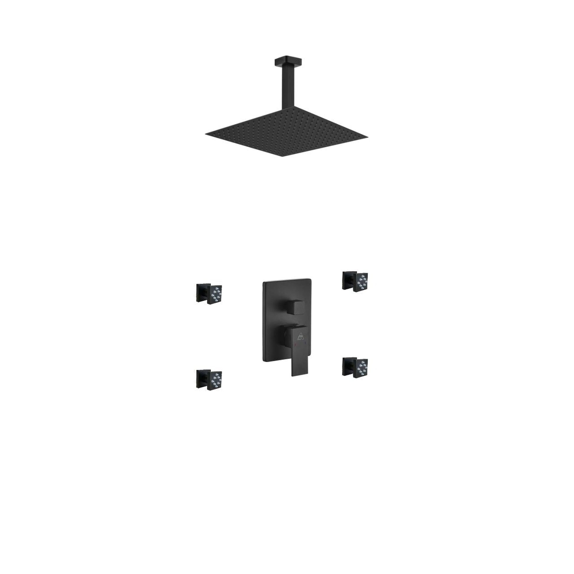 Kubebath Aqua Piazza 12" Matte Black Ceiling Mount Square Rain Shower and 4 Body Jets Set