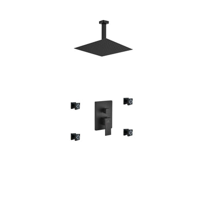 Kubebath Aqua Piazza 12" Matte Black Ceiling Mount Square Rain Shower and 4 Body Jets Set