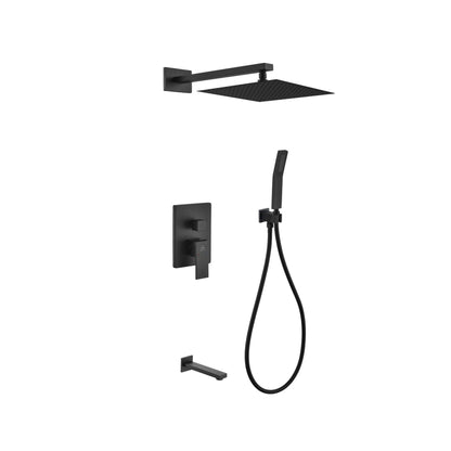 Kubebath Aqua Piazza 12" Matte Black Ceiling Mount Square With Handheld and Tub Filler Rain Shower Set