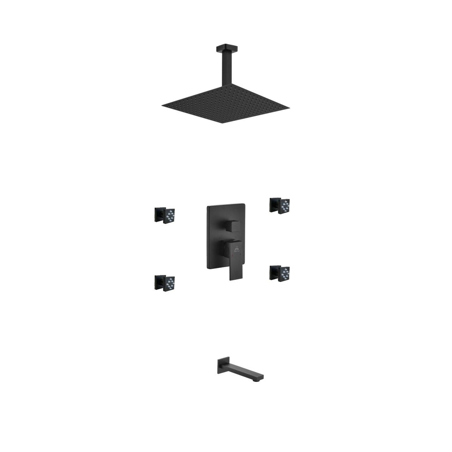 Kubebath Aqua Piazza 12" Matte Black Ceiling Mount Square With Tub Filler and 4 Body Jets Rain Shower Set