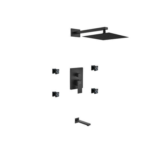 Kubebath Aqua Piazza 12" Matte Black Ceiling Mount Square With Tub Filler and 4 Body Jets Rain Shower Set