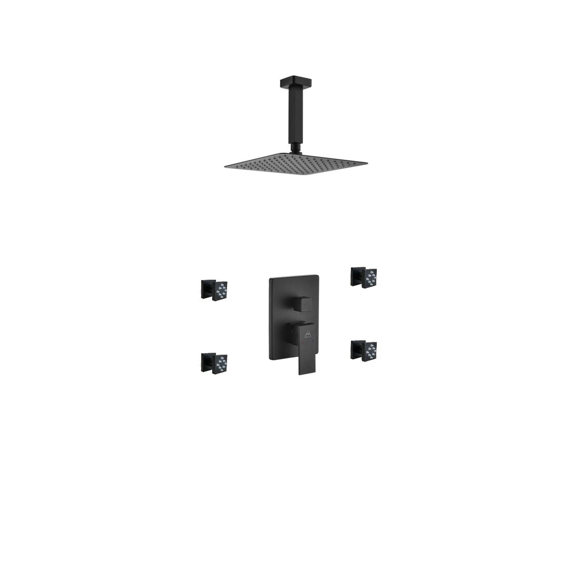 Kubebath Aqua Piazza 8" Matte Black Ceiling Mount Square With 4 Body Jets Rain Shower Set