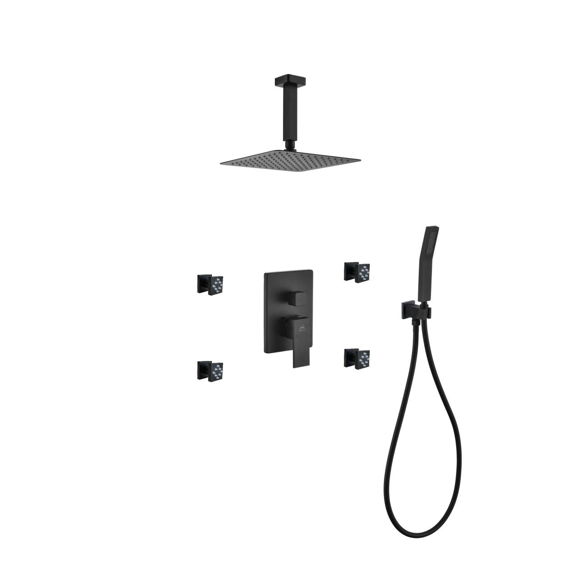 Kubebath Aqua Piazza 8" Matte Black Ceiling Mount Square With Handheld and 4 Body Jets Rain Shower Set