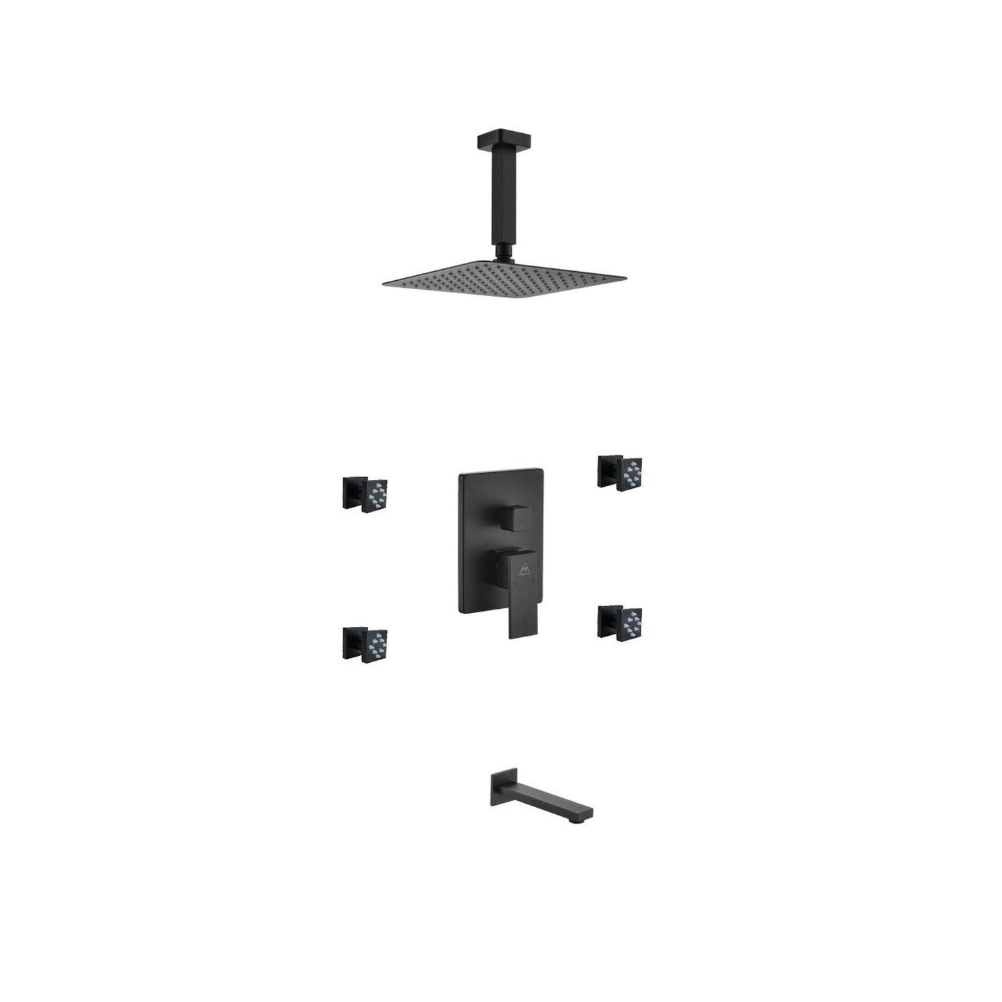 Kubebath Aqua Piazza 8" Matte Black Ceiling Mount Square With Tub Filler and 4 Body Jets Rain Shower Set