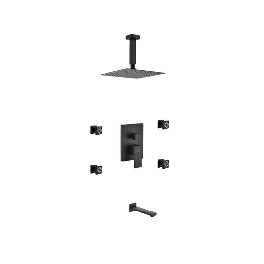 Kubebath Aqua Piazza 8" Matte Black Ceiling Mount Square With Tub Filler and 4 Body Jets Rain Shower Set