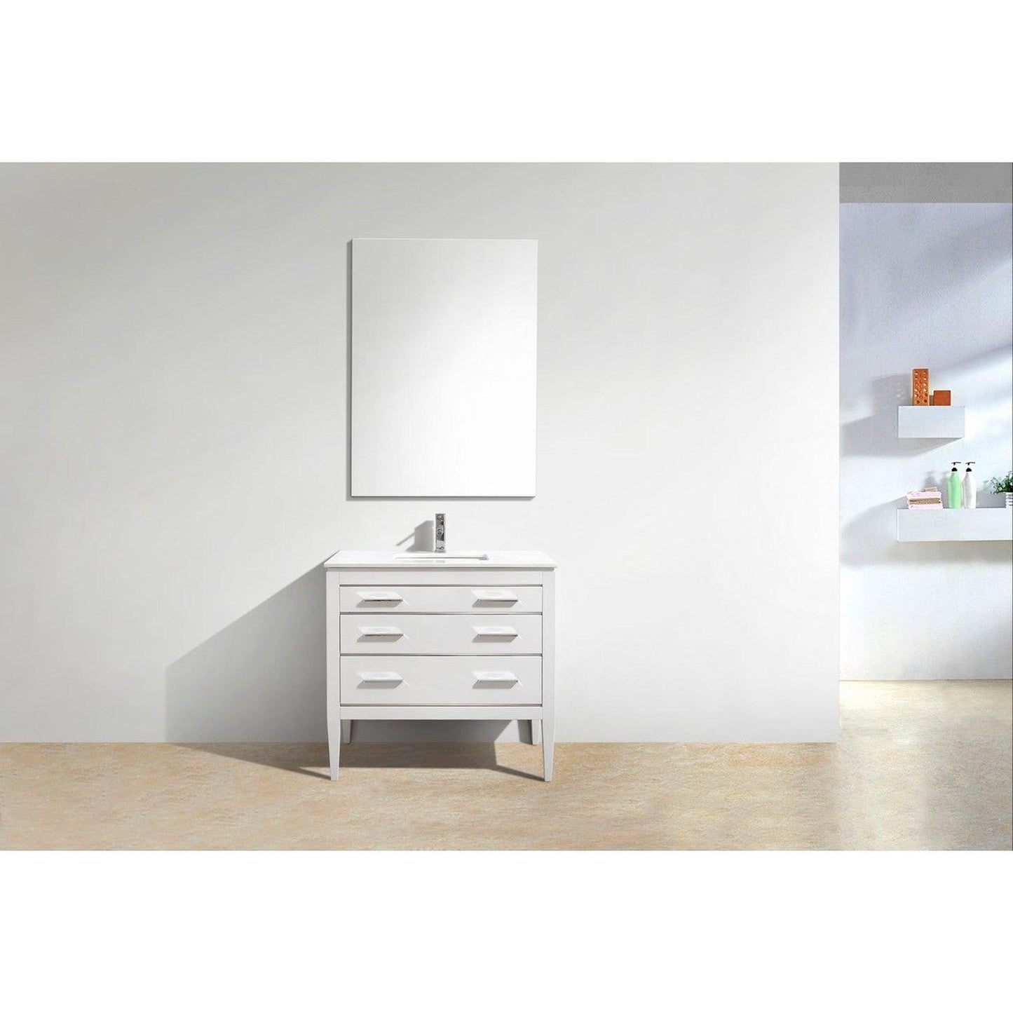 Kubebath Eiffel 36" High Gloss White Freestanding Modern Bathroom Vanity With Quartz Vanity Top & Ceramic Undermount Sink and 36" White Framed Mirror With Shelf