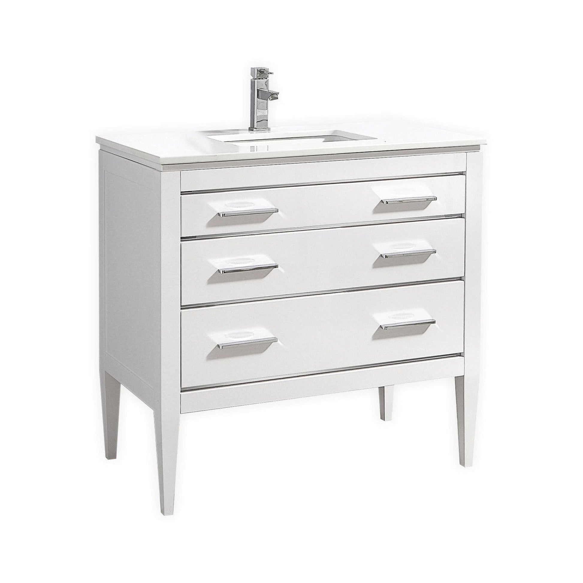 Kubebath Eiffel 36" High Gloss White Freestanding Modern Bathroom Vanity With Quartz Vanity Top & Ceramic Undermount Sink and 36" White Framed Mirror With Shelf