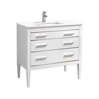 Kubebath Eiffel 36" High Gloss White Freestanding Modern Bathroom Vanity With Quartz Vanity Top & Ceramic Undermount Sink