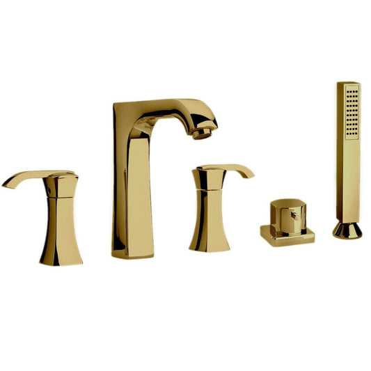LaToscana Lady Matt Gold Roman Tub Faucet With Lever Handles, Diverter & Handheld Shower