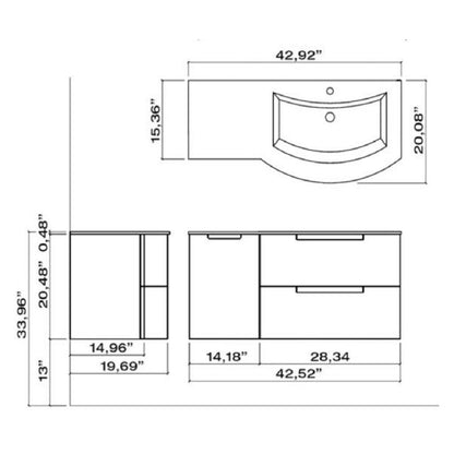 LaToscana Oasi 43" Gray Wall-Mounted Vanity Set With Left Side Cabinet