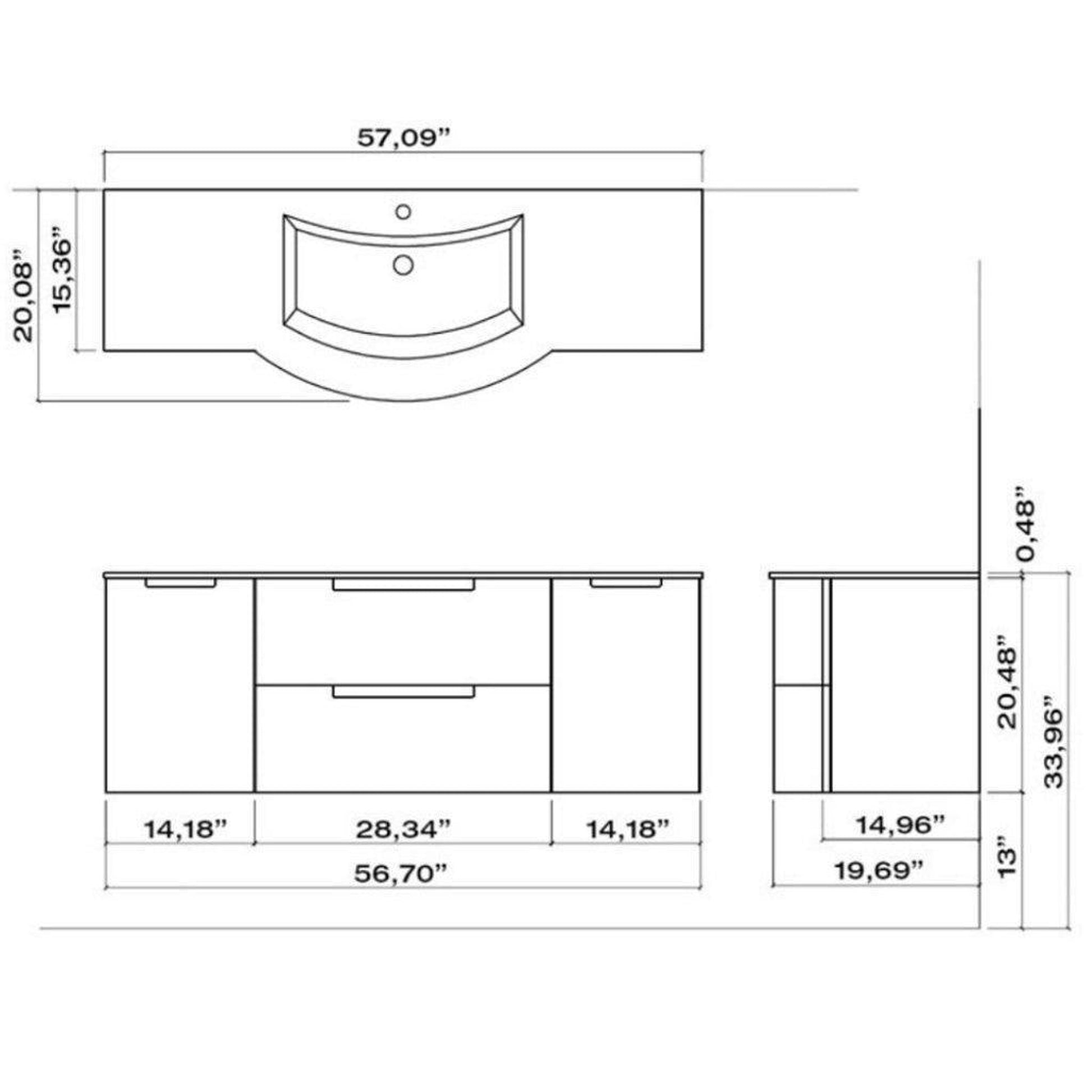 LaToscana Oasi 57" Red Wall-Mounted Vanity Set With Left & Right Side Cabinets