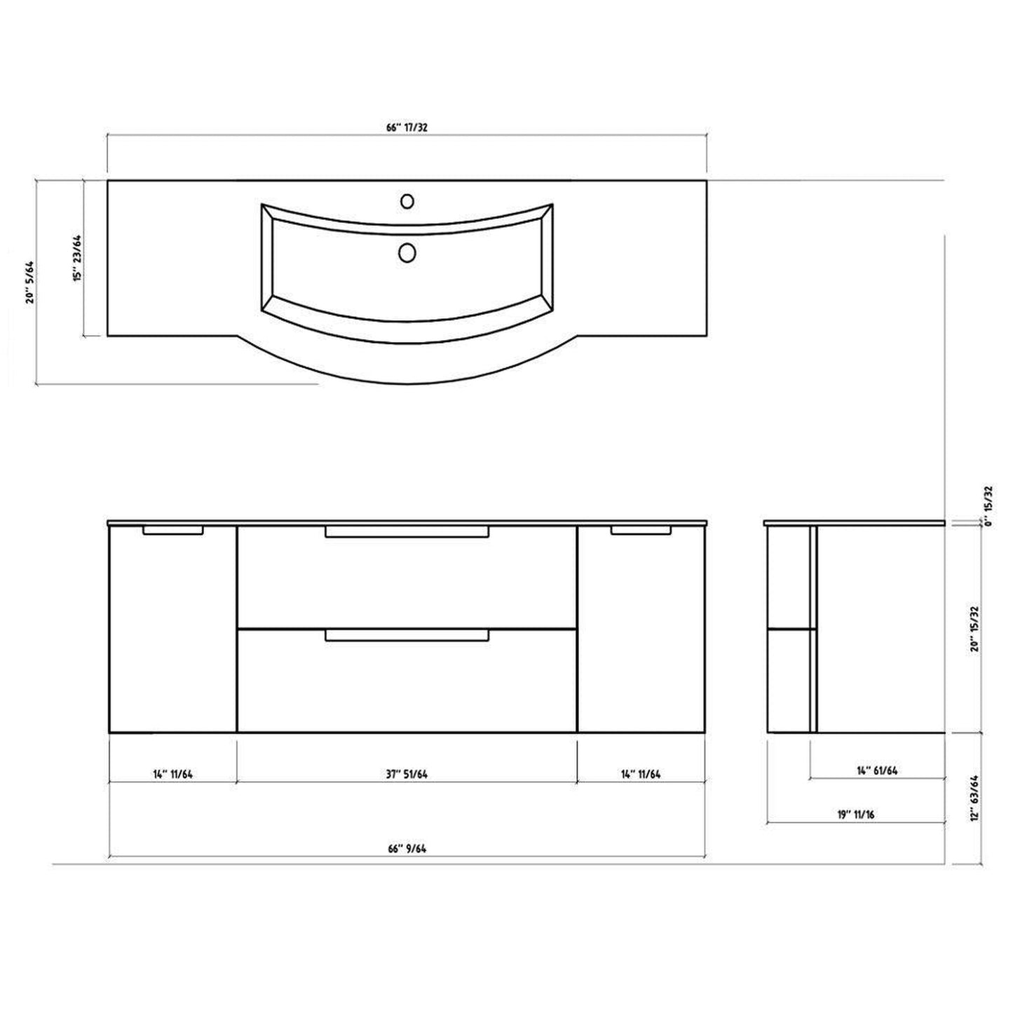 LaToscana Oasi 67" Black Wall-Mounted Vanity Set With Left & Right Side Cabinets