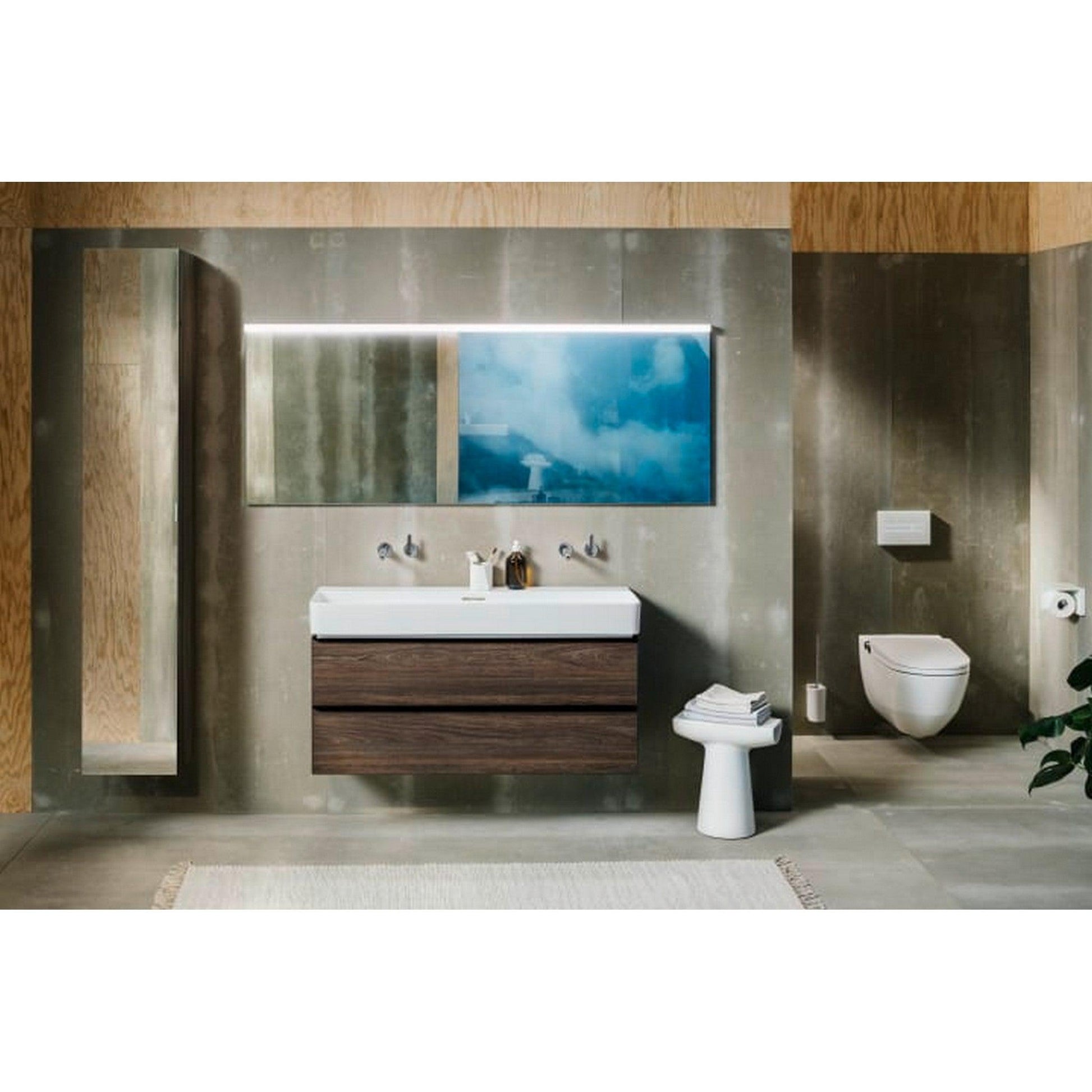 Laufen IlBagnoAlessi 16" x 67" Glossy White Wall-Mounted Left-Hinged Tall Cabinet With Mirrored Door and 4 Glass Shelves