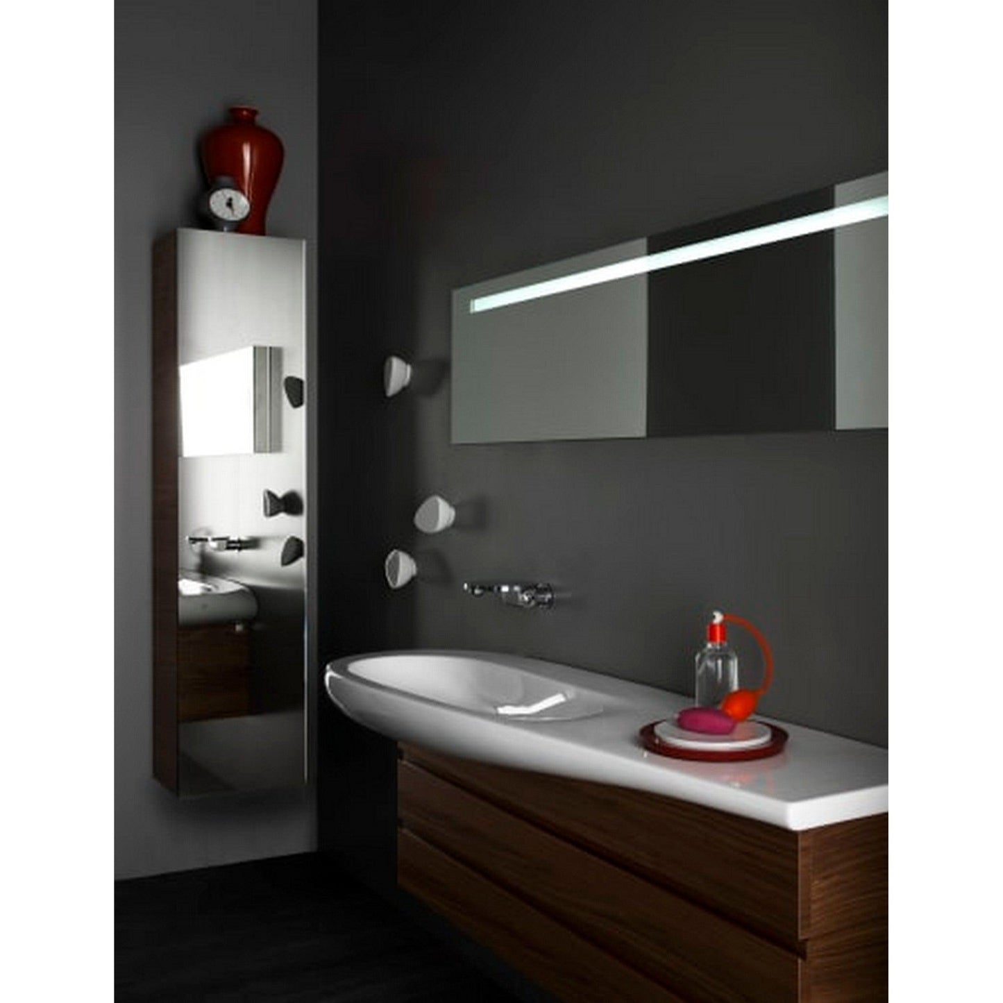 Laufen IlBagnoAlessi 16" x 67" Glossy White Wall-Mounted Left-Hinged Tall Cabinet With Mirrored Door and 4 Glass Shelves