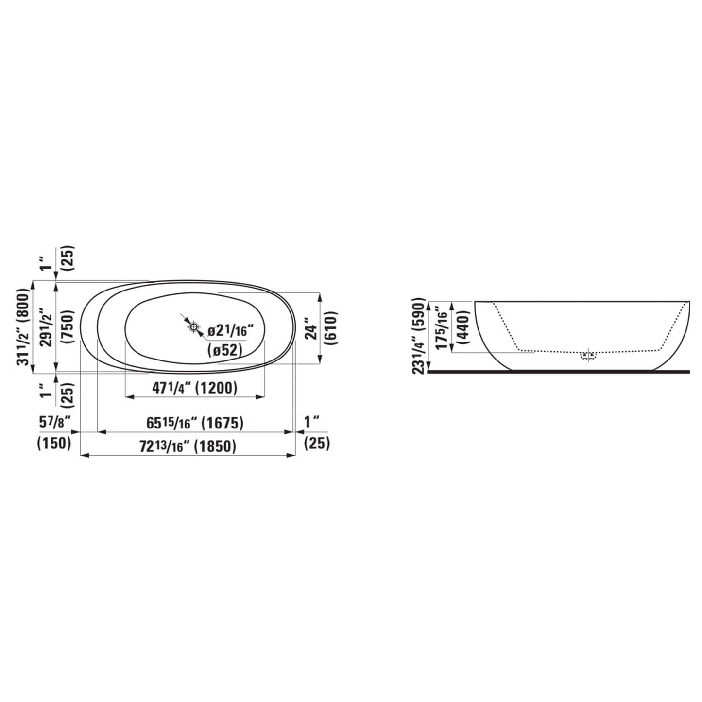 Laufen IlBagnoAlessi 32" x 73" Oval Matte Satin White Freestanding Bathtub