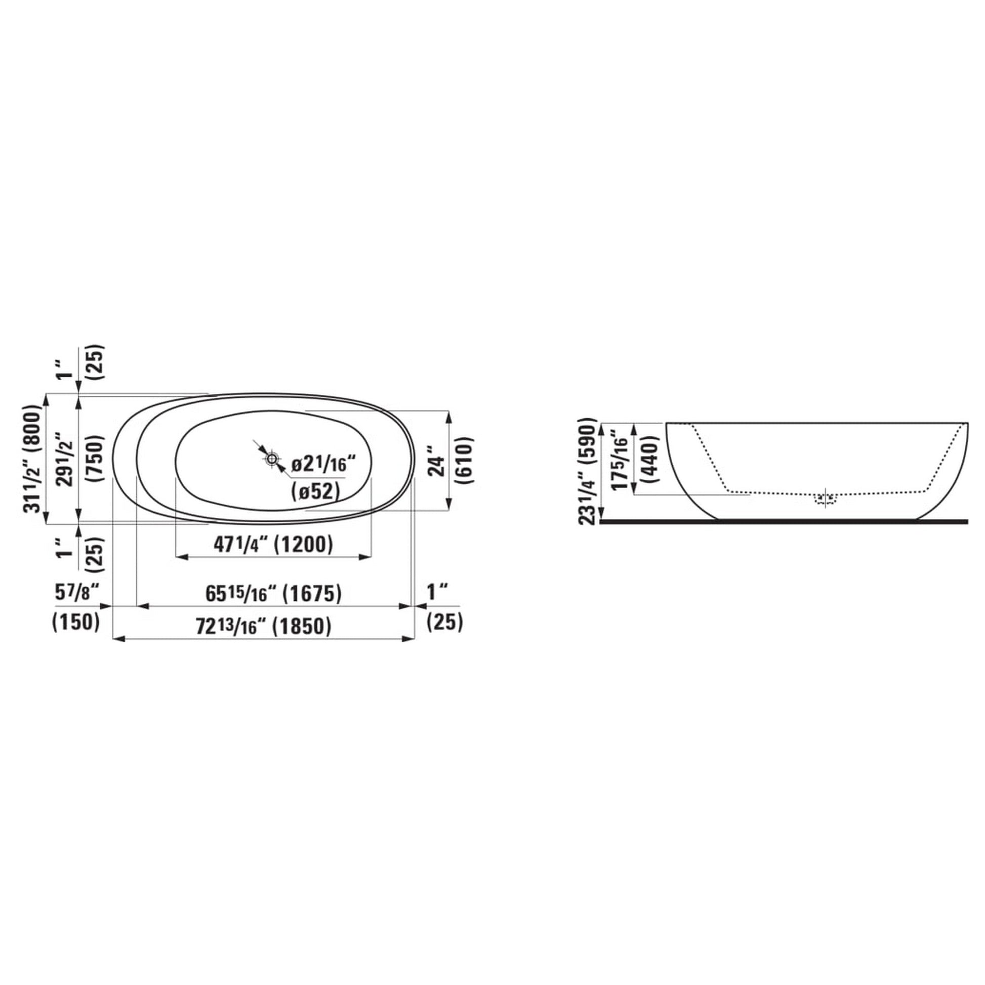 Laufen IlBagnoAlessi 32" x 73" Oval Matte Satin White Freestanding Bathtub