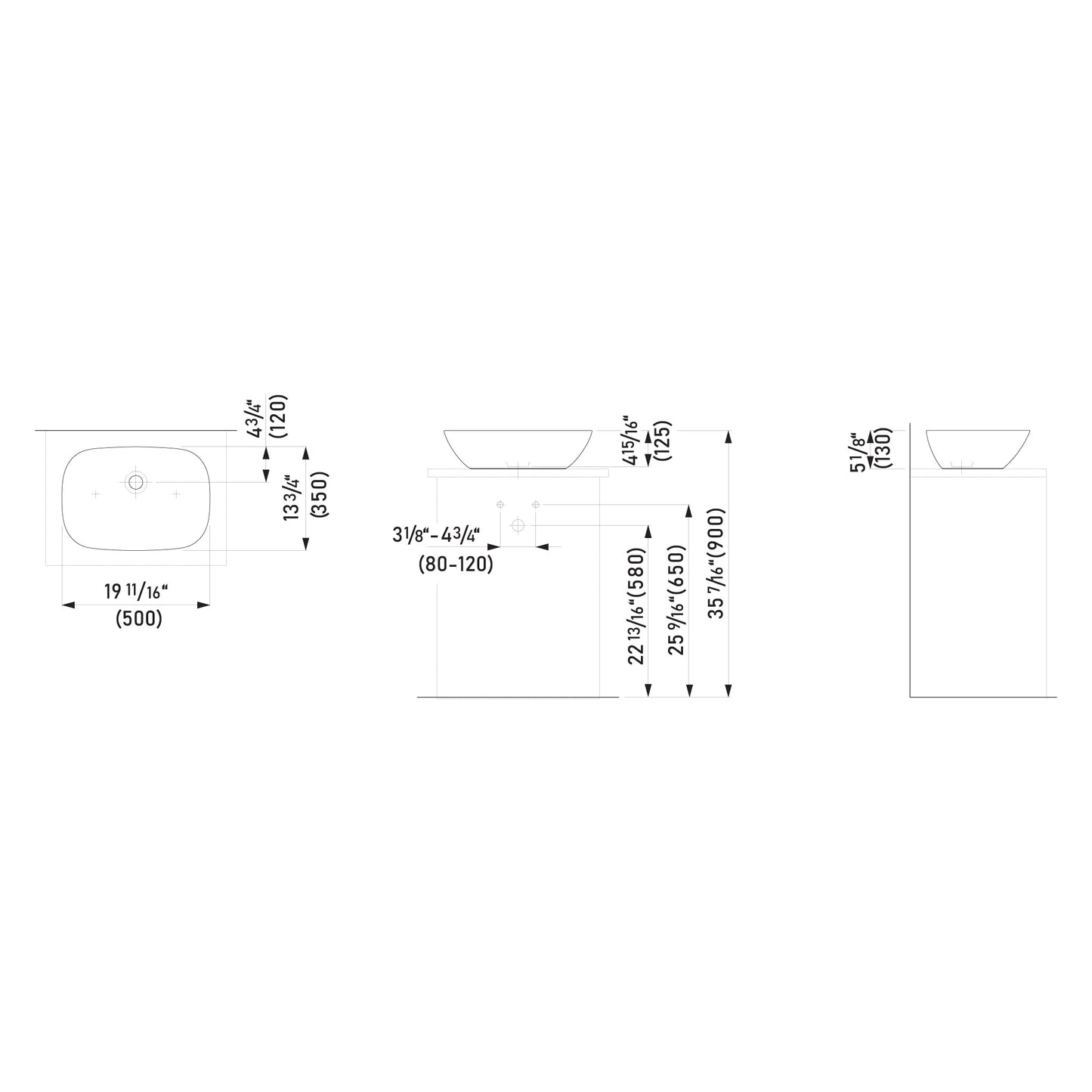 Laufen Ino 20" x 14" Rectangular White Ceramic Vessel Bathroom Sink Without Overflow Slot