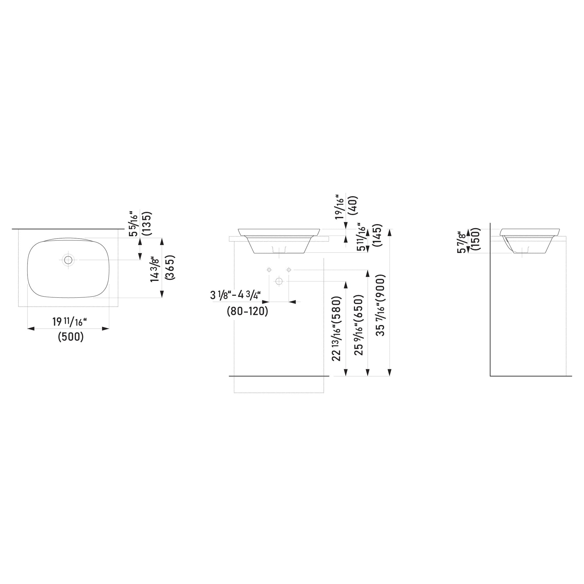 Laufen Ino 20" x 15" Rectangular White Ceramic Drop-in Bathroom Sink With Overflow Slot