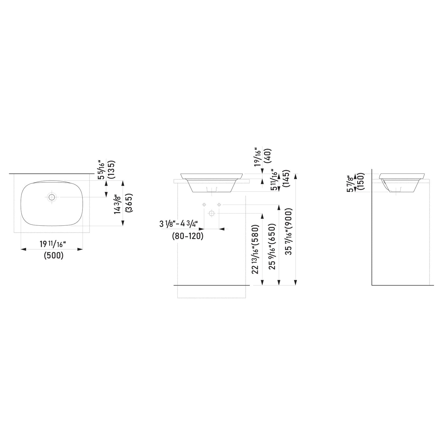 Laufen Ino 20" x 15" Rectangular White Ceramic Drop-in Bathroom Sink Without Overflow Slot